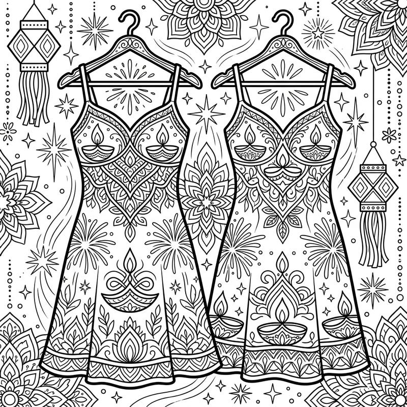 Discover the beauty of Diwali with this unique coloring page featuring two elegant full slips. Each garment is beautifully detailed with traditional patterns, including flickering diyas and festive fireworks, ready for your creative touch.