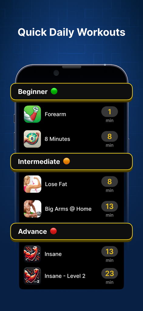 P4P Armify: Arm Workout - Interfaz de la app Armify mostrando una lista de rutinas de entrenamiento de brazos categorizadas por niveles principiante, intermedio y avanzado con duraciones de ejercicio