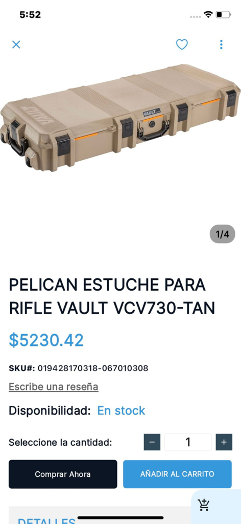 Curricanes.com - Tan Pelican Vault VCV730 rifle case product page on the Curricanes app