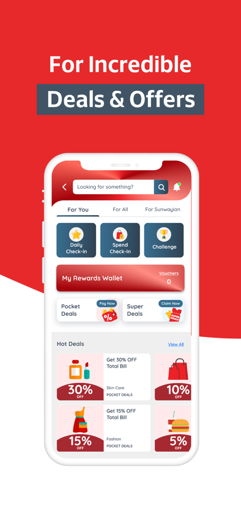 Sunway Super App - Smartphone screen displaying the Sunway Super App with various lifestyle deals and reward vouchers