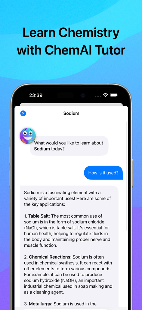 Mobile app screenshot showing ChemAI Tutor answering questions about sodium