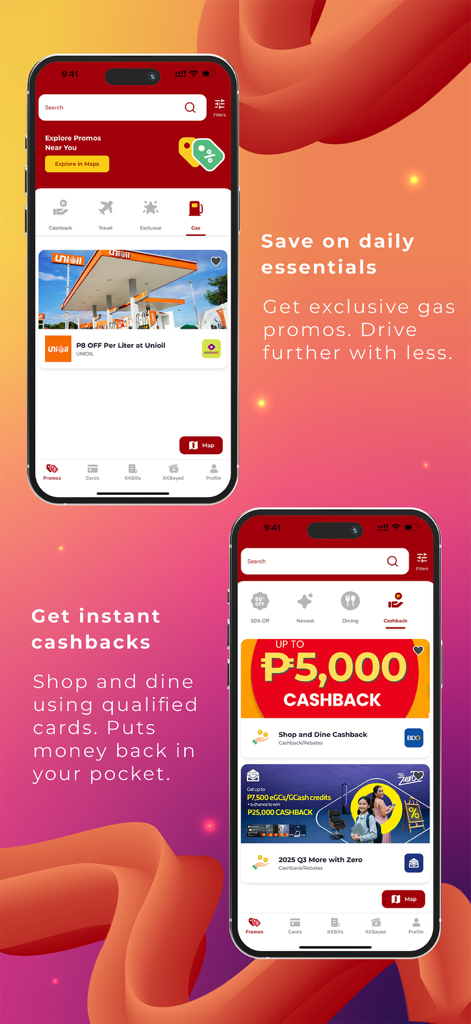 Two mobile screens of KasKasan Buddies app showcasing gas promos and cashback reward offers