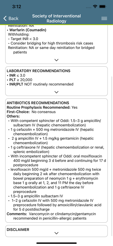 Clinical recommendations screen in the SIR Guidelines app displaying antibiotic and laboratory protocols