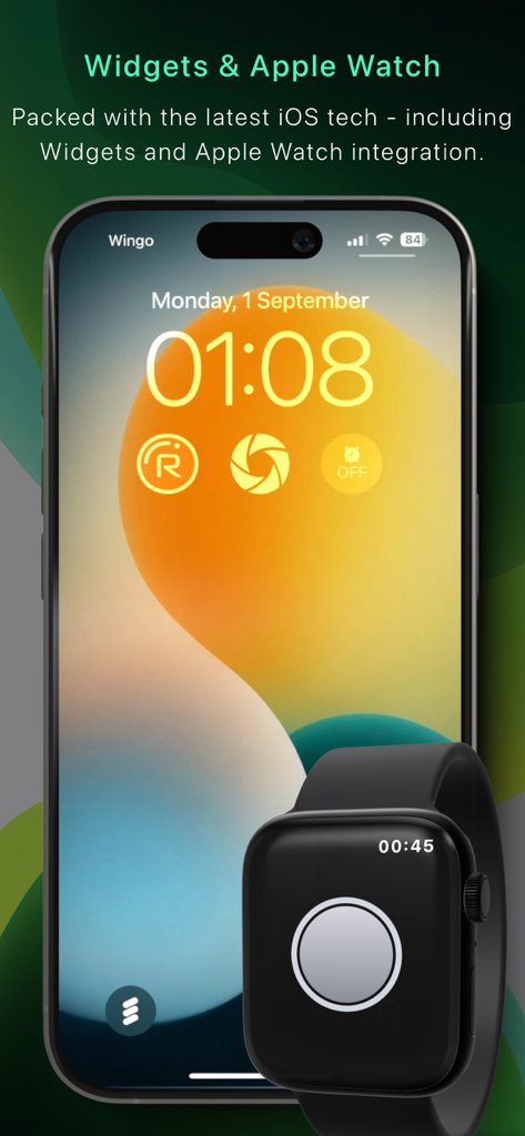iPhone lock screen with Reeflex widgets and Apple Watch remote shutter integration
