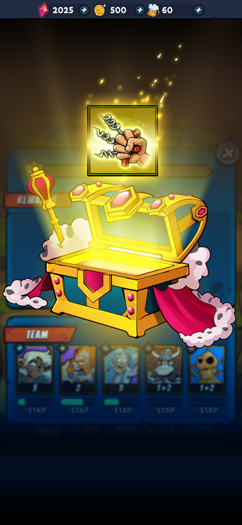 Mobile Dungeon: RPG Crawler - A golden treasure chest opening to reveal rewards and character cards in Mobile Dungeon RPG Crawler