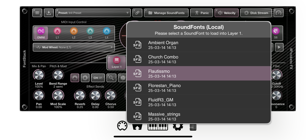 FontStack - Selecting an SF2 SoundFont instrument in the FontStack iOS music app interface