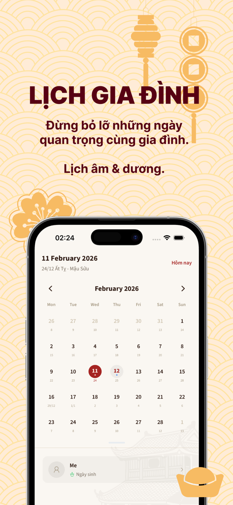 Kintree - Family Tree - Mobile screen of the Kintree app family calendar featuring lunar and solar date integration in Vietnamese