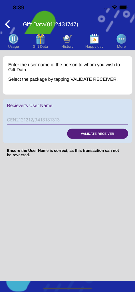 MySLT - Gifting data screen in the MySLT app where users can enter a receiver username