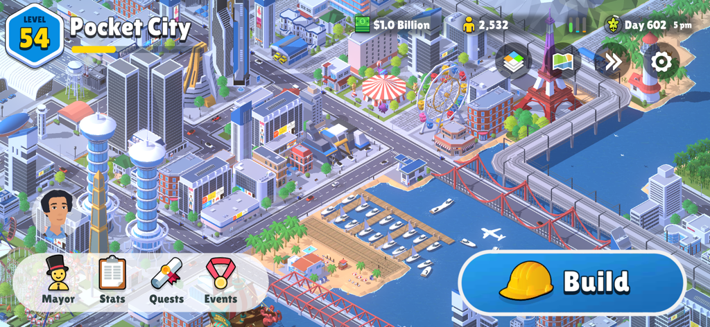 Pocket City 2 - Isometric 3D view of a thriving metropolis in Pocket City 2 showing skyscrapers and a harbor.
