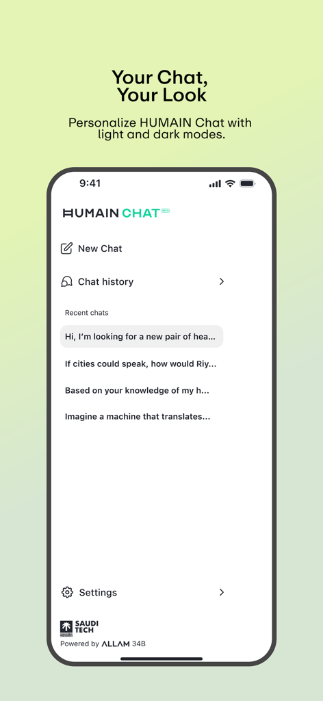 HUMAIN Chat - The HUMAIN Chat app menu interface showing chat history and personalization options in light mode.
