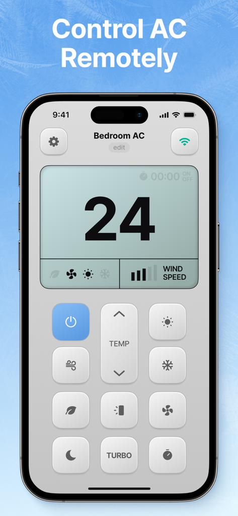 Smartphone screen showing the AC Remote app interface with temperature control and mode buttons