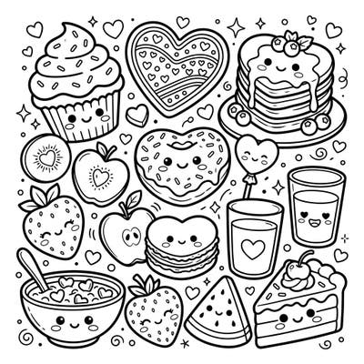 Indulge in a sweet coloring experience with this charming Kawaii design, showcasing an array of heart-shaped foods. Each adorable treat, from cupcakes to donuts, is waiting for your creative splash of color.