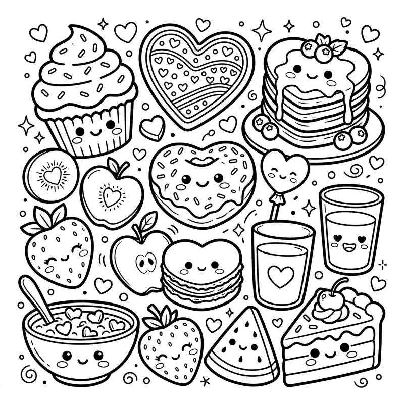 Indulge in a sweet coloring experience with this charming Kawaii design, showcasing an array of heart-shaped foods. Each adorable treat, from cupcakes to donuts, is waiting for your creative splash of color.
