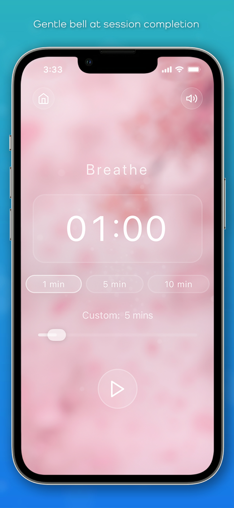 Stillflow — Meditation Timer - Interfaz minimalista de temporizador de meditación con un suave fondo rosa y una cuenta regresiva de un minuto