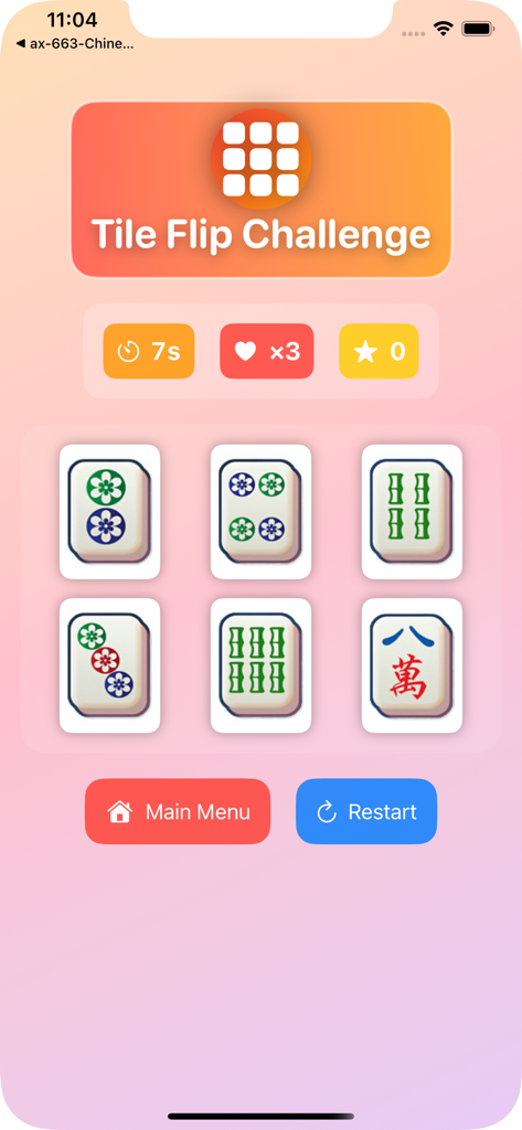 Bildschirmansicht des Spiels Tile Flip Challenge mit Mahjong-Steinen, Timer und Punktestand