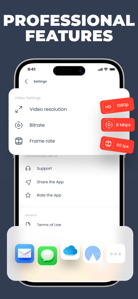 The screen & video recorder HQ - Interface showing professional video settings including 1080p resolution and 60fps frame rate for screen recording