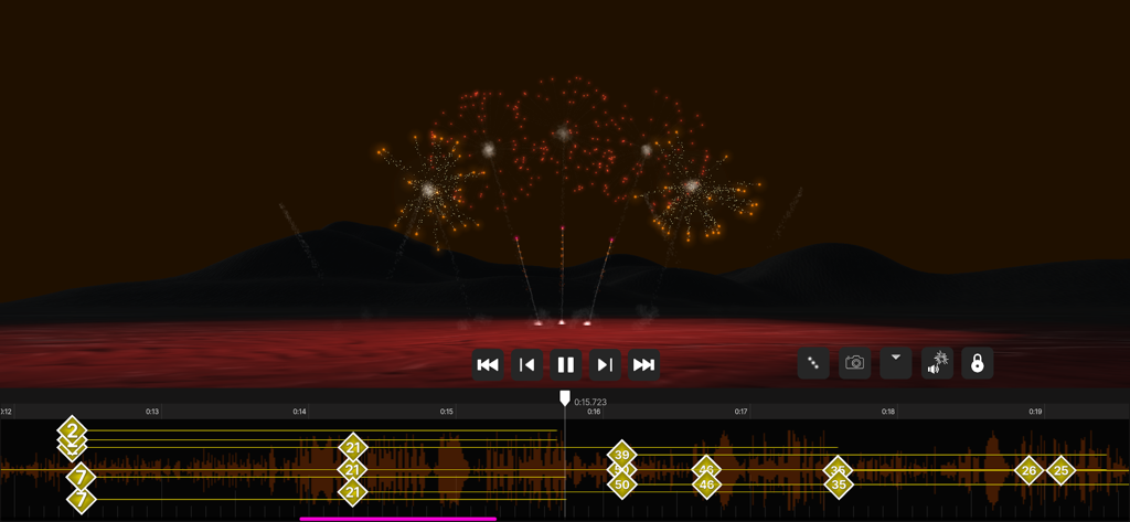 Pyro Simulator for iPhone - A professional fireworks timeline editor showing audio waveforms and synchronized pyrotechnic markers over a night landscape