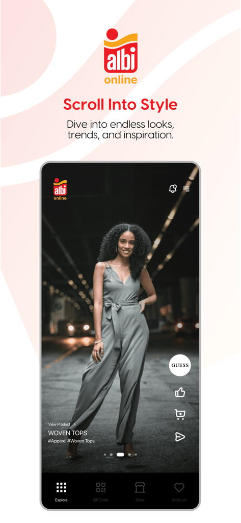 Uma tela de celular do aplicativo Albi Online mostrando um feed de moda personalizado com uma mulher usando um macacão Guess e a frase 'Scroll Into Style'.