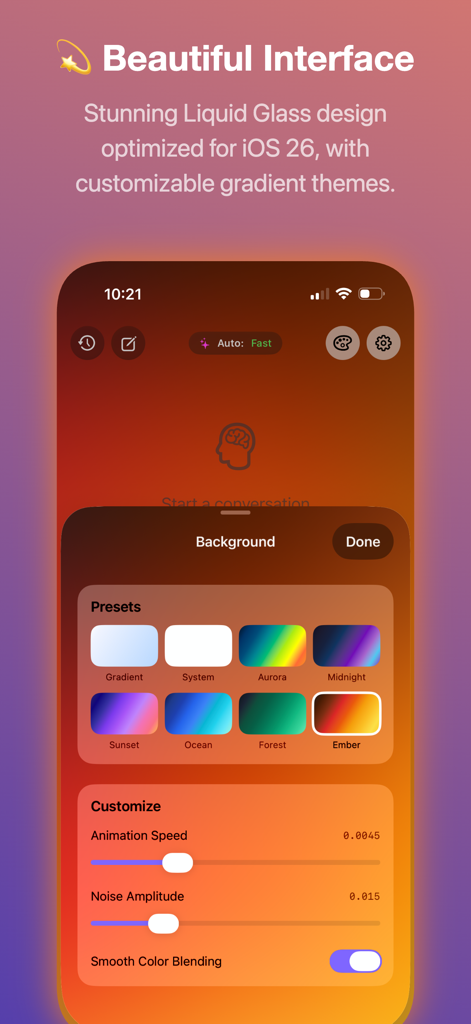 Solair AI - Local AI - Interface of Solair AI showing background gradient presets and animation customization options
