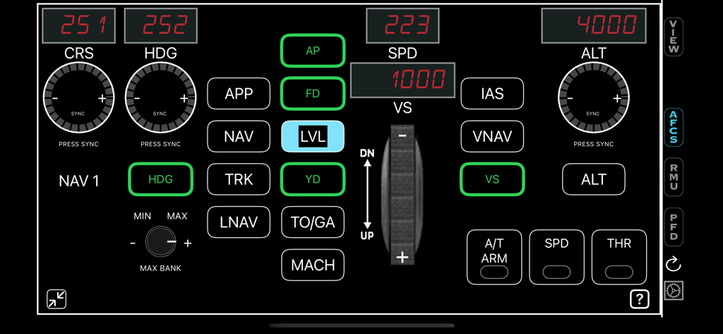 HomeSim - Digital autopilot interface for HomeSim flight simulator app showing heading and altitude controls
