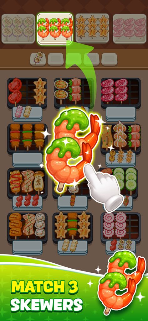 Skewer Jam: Food Games - Gameplay screenshot of Skewer Jam food sorting puzzle showing shrimp skewers being matched
