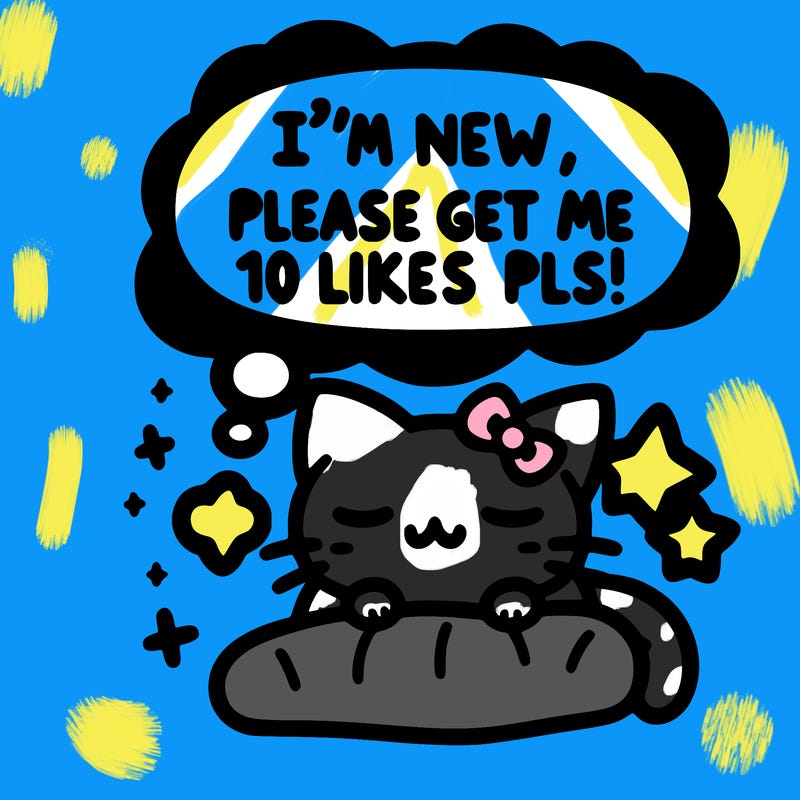 kitty taking a nap dream talking and saying "i'm new, please get me at least 10 likes pls!!"