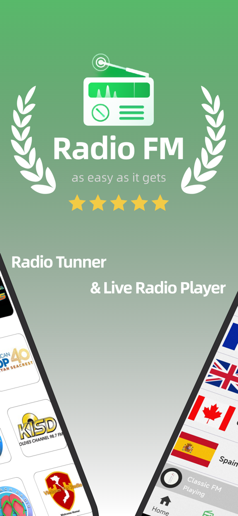 Introductory screen of the Radio FM app featuring a radio tuner and international stations.