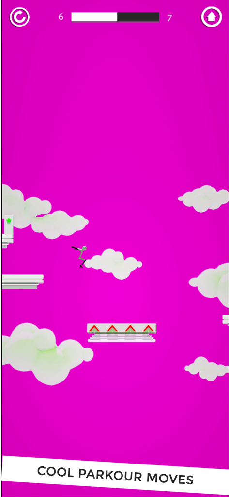 Stickman Parkour 3D Ninja Run - Stickman character performing parkour moves over clouds and platforms on a bright pink background.