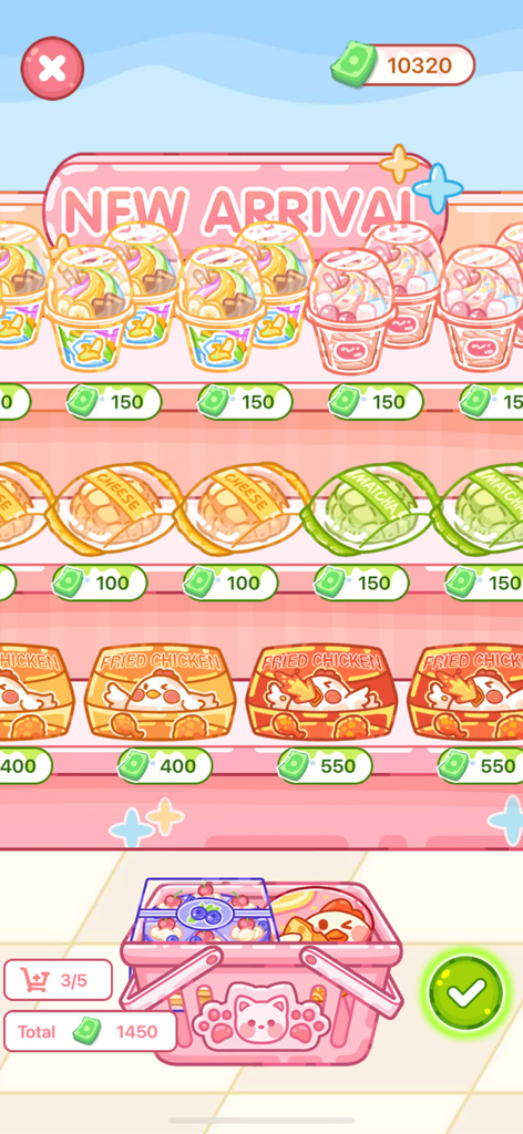 Crystal Candy:Mukbang ASMR - A colorful supermarket level in Crystal Candy Mukbang ASMR featuring shelves of cute food items and a pink cat-themed shopping basket