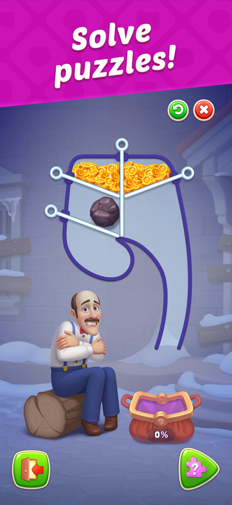 Homescapes Pull-the-Pin-Minispiel mit Austin dem Butler in einer verschneiten Umgebung