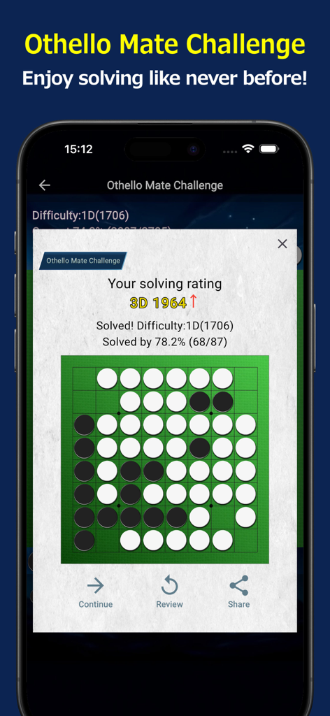 Othello Quest - Online Othello - Interface do aplicativo Othello Quest mostrando um quebra-cabeça Mate Challenge concluído e a classificação do jogador