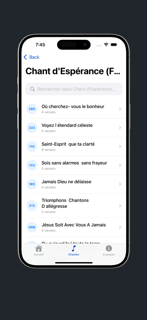 Chants Desperance - Interface of the Chants Desperance mobile app showing a list of French and Haitian Creole hymns with search functionality and hymn numbers