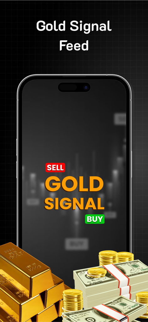 XAUUSD XAGUSD Signals Notifica - Smartphone displaying gold trading signals with gold bars and stacks of cash