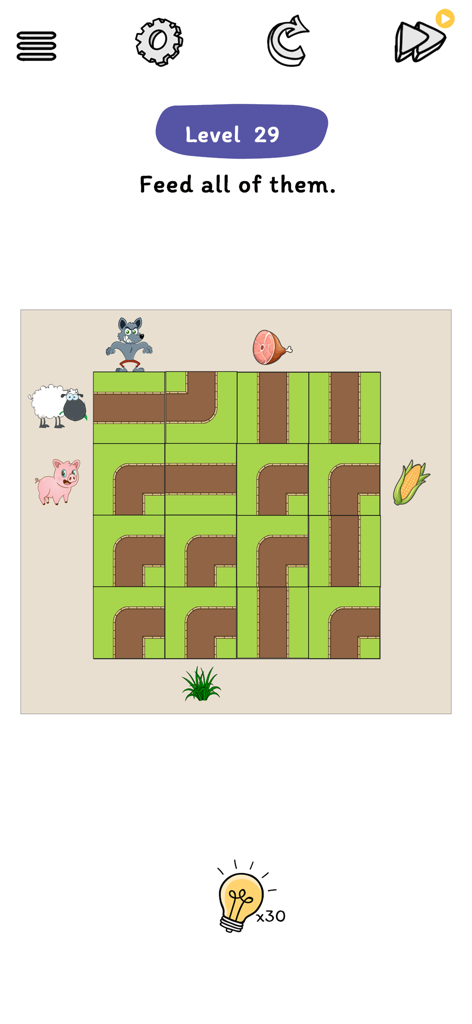 Ein Logikrätsel-Bildschirm aus der Brain Tricks App, bei dem das Ziel darin besteht, Tiere wie einen Wolf, ein Schaf und ein Schwein mit rotierbaren Pfadsegmenten auf einem Gitter mit ihrem Futter zu verbinden.