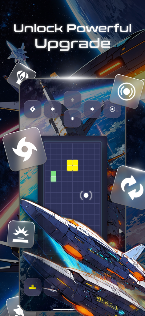 Captura de pantalla del juego móvil SERPENT que muestra mejoras de la flota espacial y mecánicas de puzle de bloques