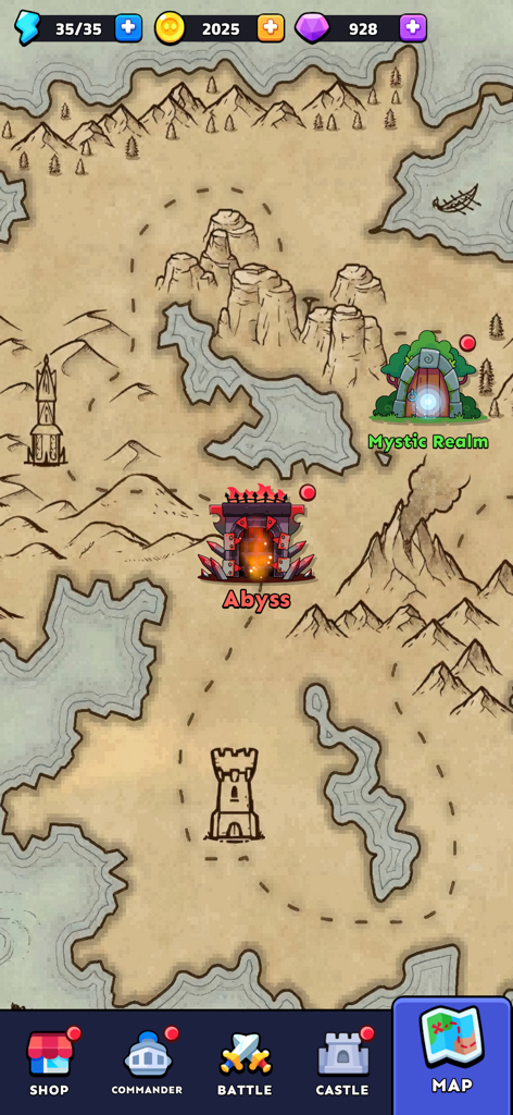 Kings Defender: Tower Defense - A strategic world map in Kings Defender showing adventure regions like Mystic Realm and Abyss.