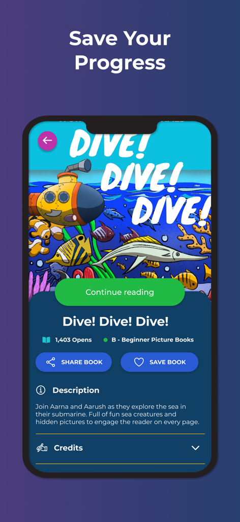 Interface of the BookSmart app displaying a children book titled Dive Dive Dive with a continue reading button