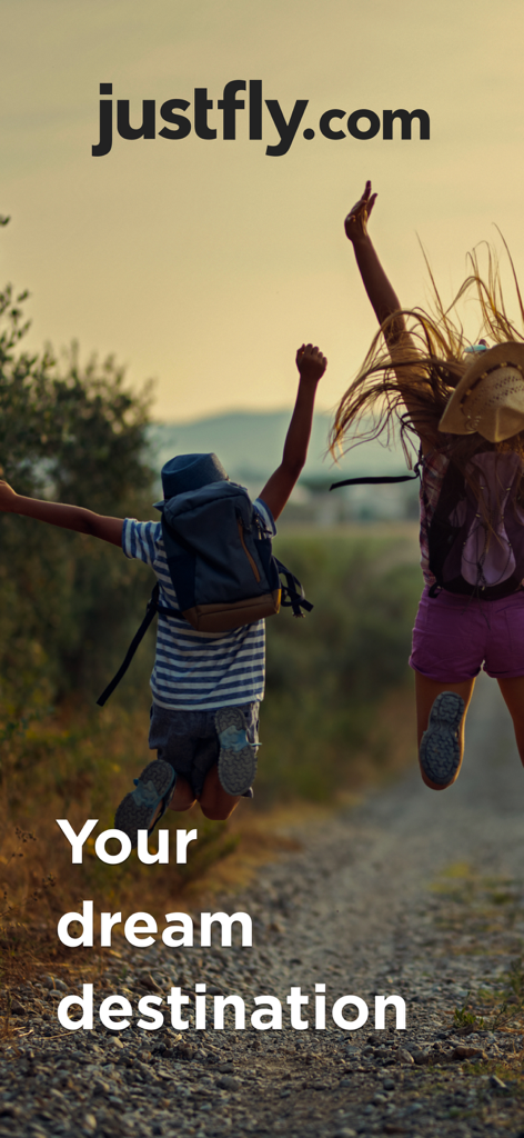 Dos personas saltando de alegría en un sendero con el texto Tu destino soñado y el logotipo de Justfly