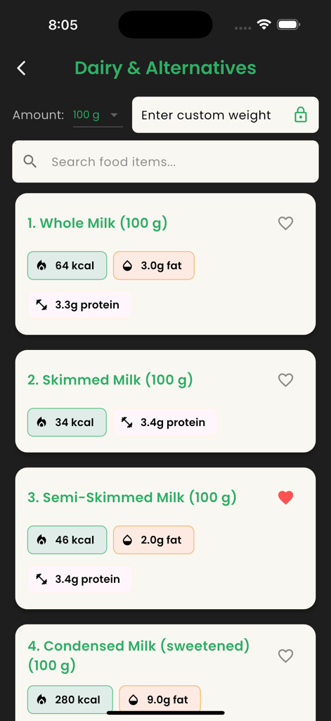 Nutritional information for various types of milk in a dark themed macro tracking app