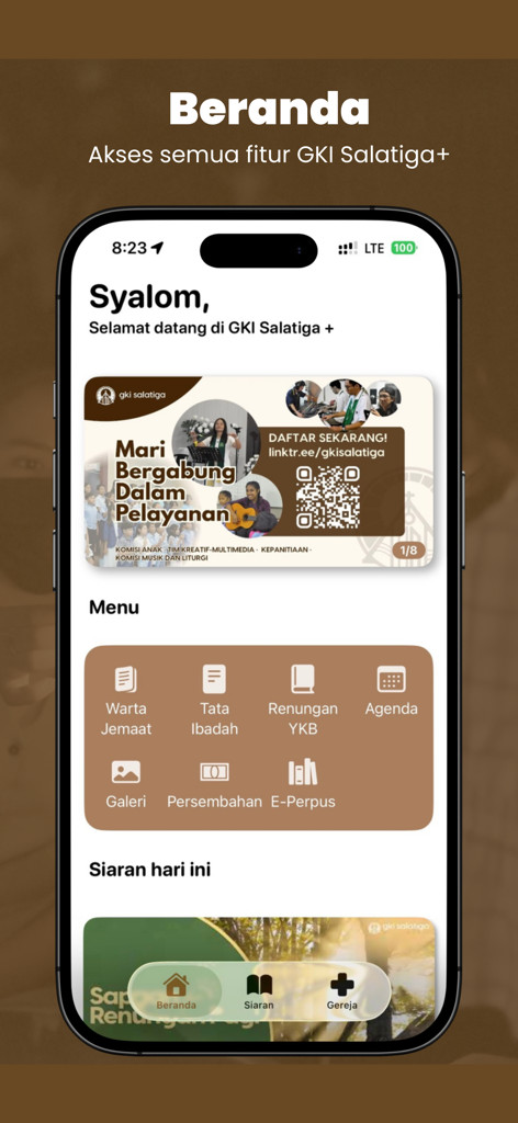 GKI Salatiga Plus mobile app home interface featuring church announcements and service menus in Indonesian.
