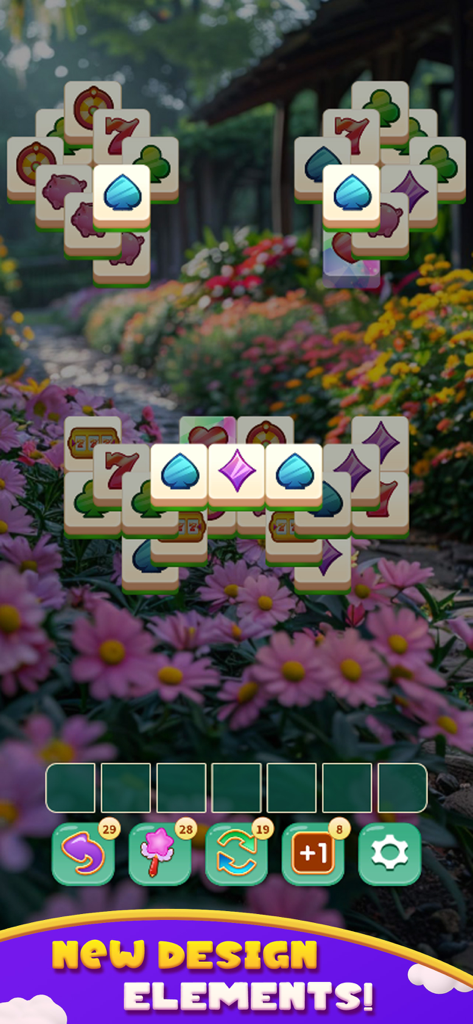 Surprise 3 Tiles - Gameplay screenshot of Surprise 3 Tiles showing mahjong tiles over a peaceful garden background with the text new design elements