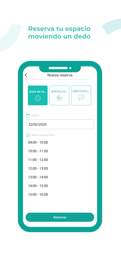 TucomunidApp - 날짜 및 시간 선택기가 있는 테니스 코트 및 수영장과 같은 커뮤니티 편의시설 예약을 위한 모바일 앱 인터페이스.