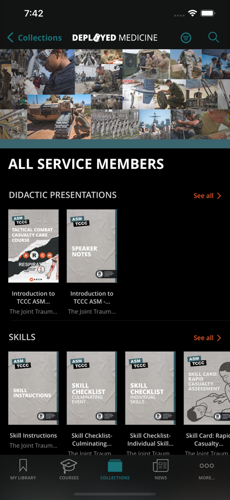 Screenshot of the Deployed Medicine app showing tactical combat casualty care training modules and skills checklists for service members.