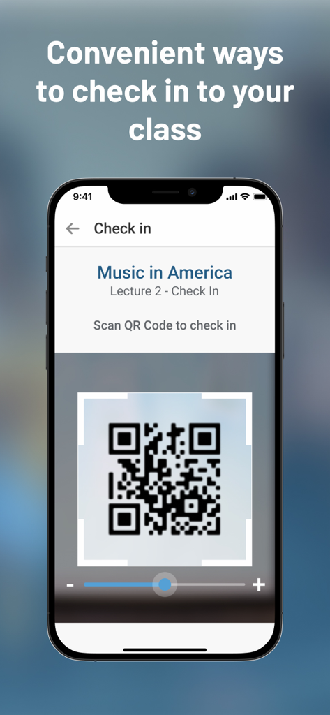 Qwickly Attendance - Qwickly 출석 앱 인터페이스가 표시된 스마트폰 화면으로, 음악 강의에 출석하기 위해 QR 코드 스캔 중