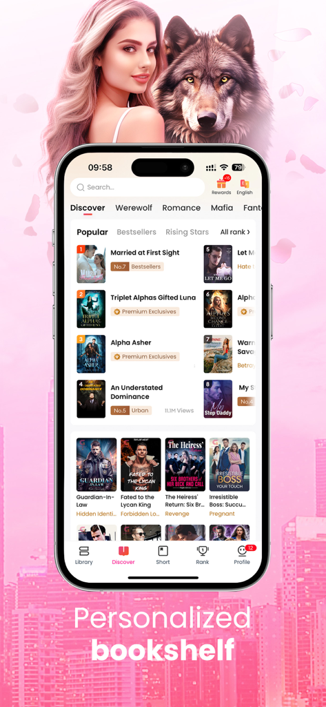 GoodNovel app interface showing a personalized bookshelf with trending romance and werewolf web novels.