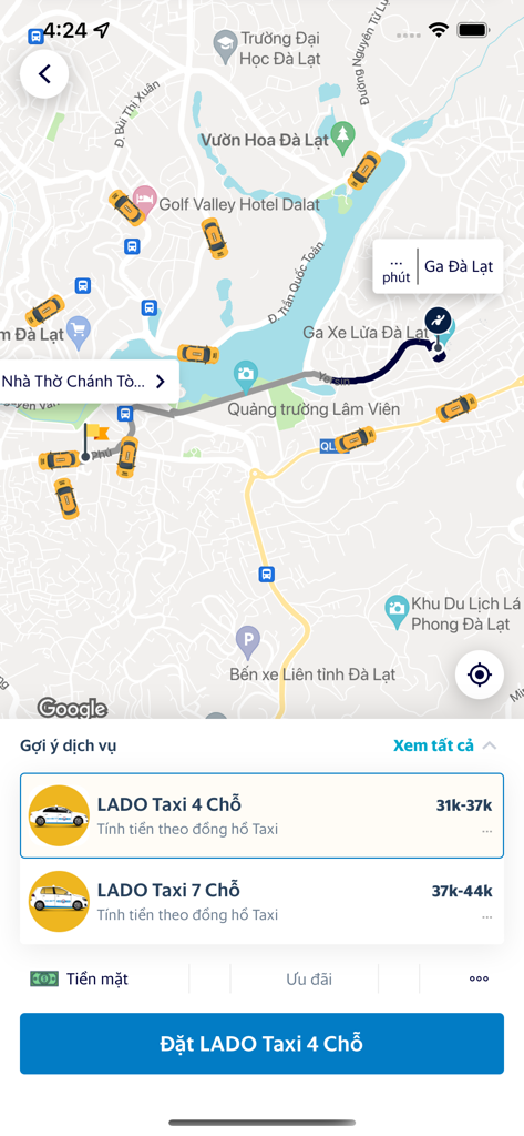 Lado Taxi - Lado Taxi mobile app showing a map of Da Lat with available drivers and ride options for four and seven seat cars