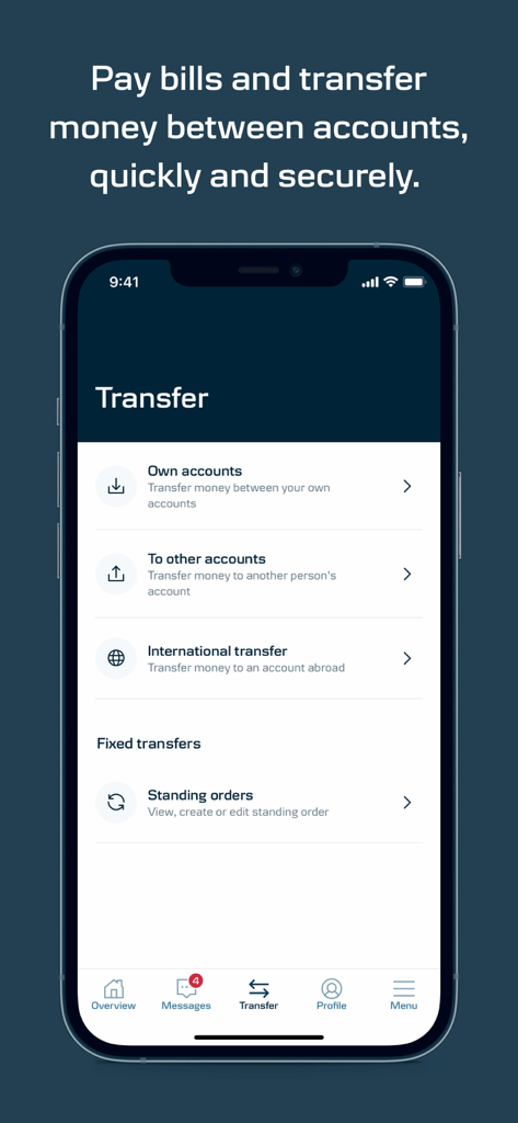 Pantalla de la aplicación Danske Bank UK que muestra opciones para transferir dinero entre cuentas y transferencias internacionales.
