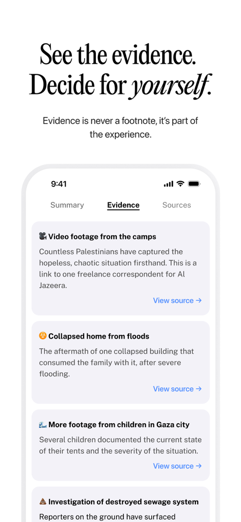 Interval News - Screenshot of the Interval News app showing the evidence tab with links to original sources and news reporting