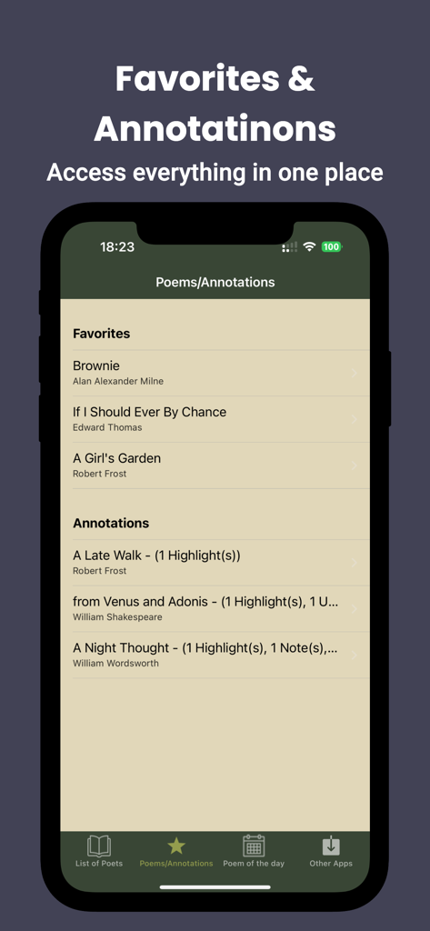 Interface d'une application mobile montrant une liste de poèmes préférés et des annotations d'utilisateur.