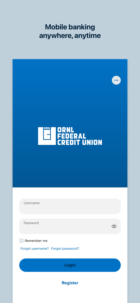 Login screen of the ORNL Federal Credit Union mobile banking app featuring username and password fields